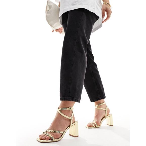 New Asos Hampstead Women's 8 Gold Studded Sexy Strappy Mid Block Heel Sandals - Picture 1 of 8
